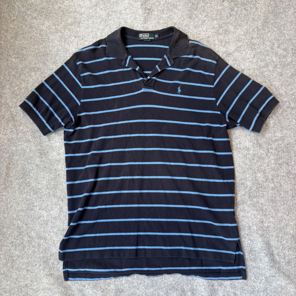 Polo Ralph Lauren Mens XL Navy Blue Light Blue Striped Short Sleeve Polo Shirt